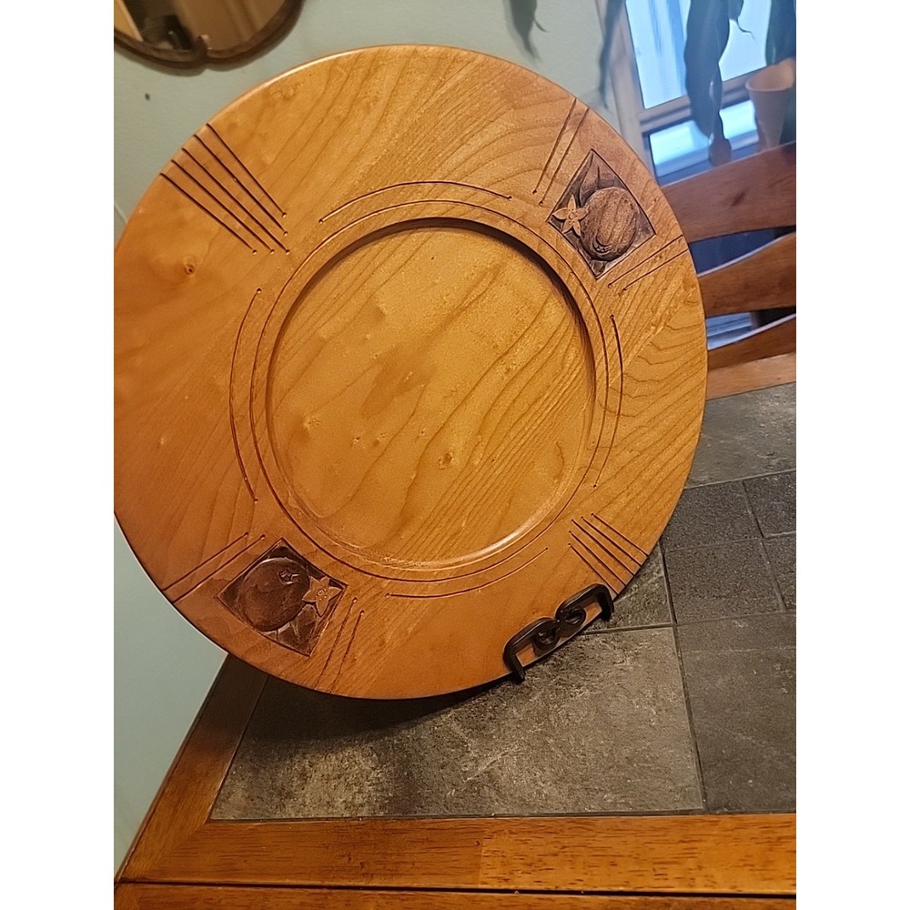Vtg Hand Turned 14" Carved Birch Wood Platter Snack Plate Apple Carvings Signed - Picture 2 of 11